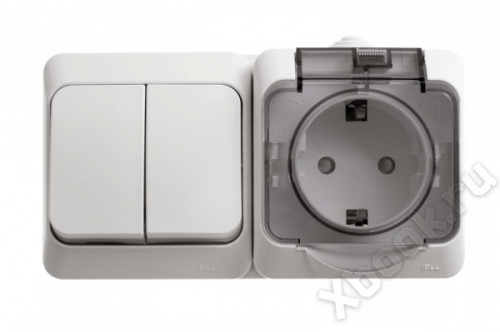 Schneider Electric Lexel Этюд Белый Блок Выключатель 2-клав + розетка с/з со шторками IP44 наружный (BPA16-242B) вид спереди